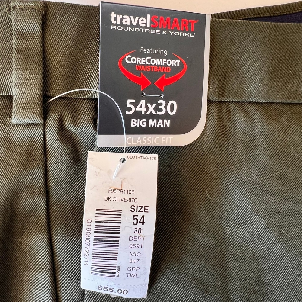 Roundtree & Yorke TravelSmart Mens Big Man Pants 54x30 Dark Olive F95PR110B NEW‎